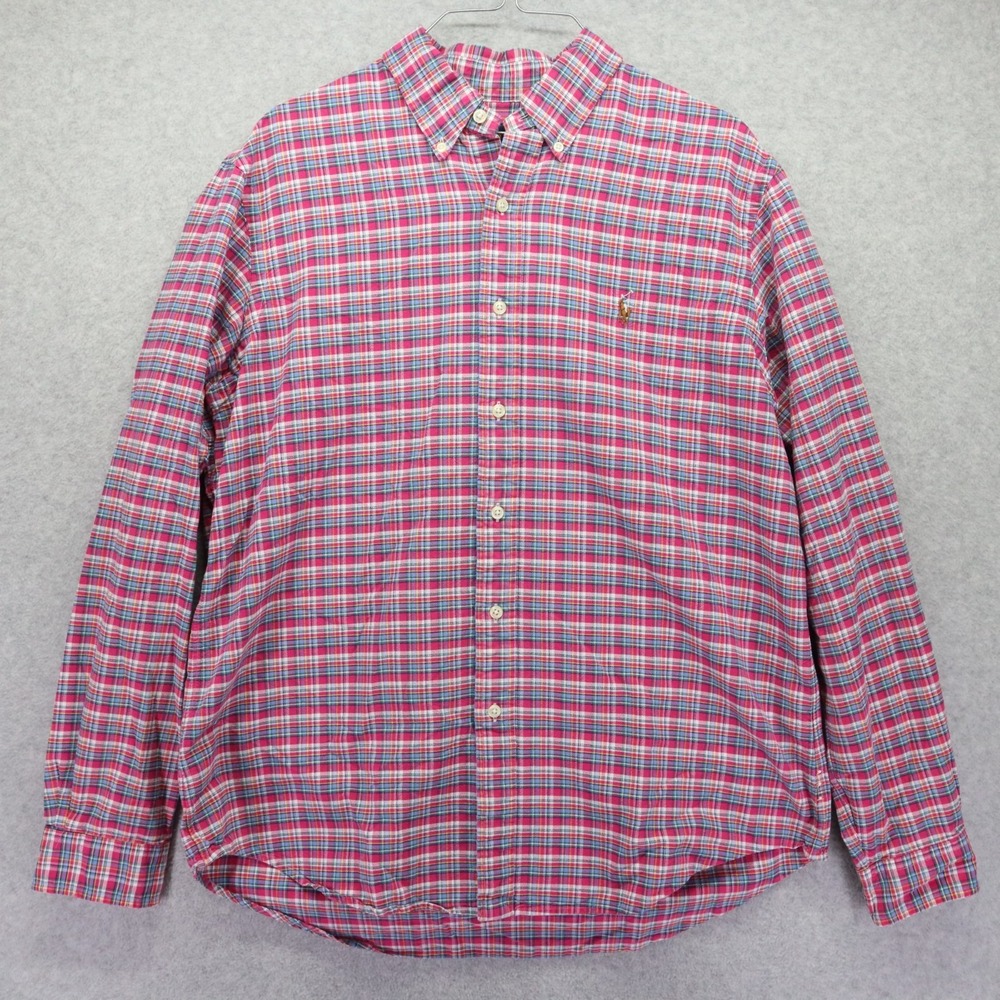 Ralph Lauren Shirt Mens Large Flesh Pony Casual Button Up Pink Plaid Long Sleeve